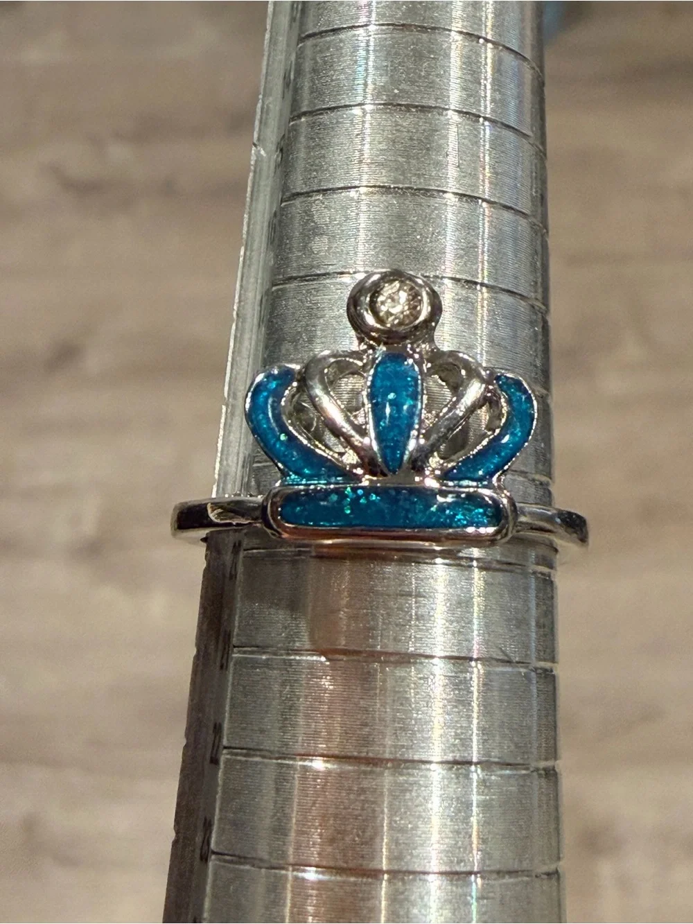 Silver Crown Ring with Teal Blue Enamel accent size 9